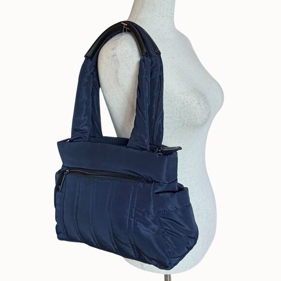 Sondra Roberts Squared Navy Puffer Tote Purse Nylon Shoulder Bag Quilted - Picture 2 of 11